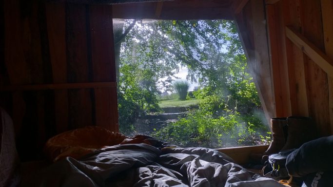 Uitzicht vanuit een houten hut met groene bomen en een open veld op de achtergrond.